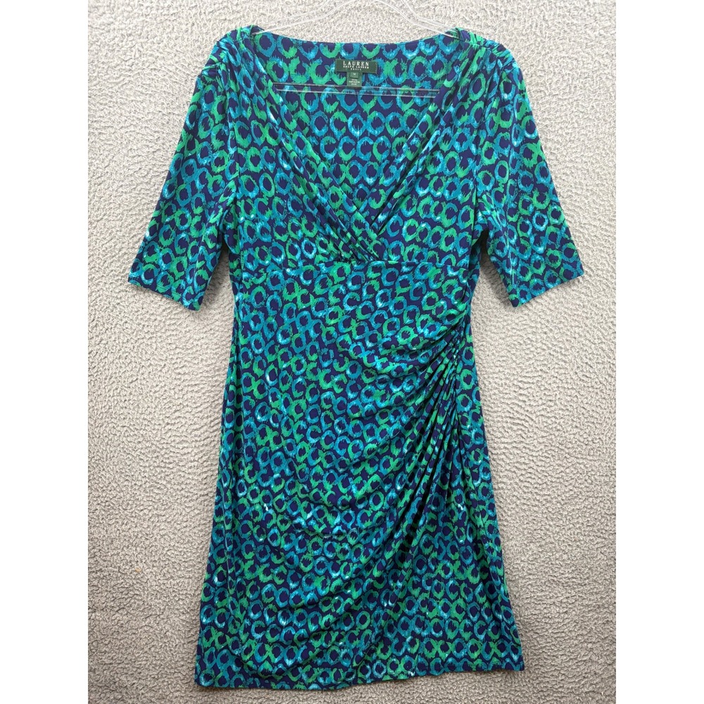 Lauren‎ Ralph Lauren Dress Womens 14 Blue Green Abstract Ruched Faux Wrap V-Neck